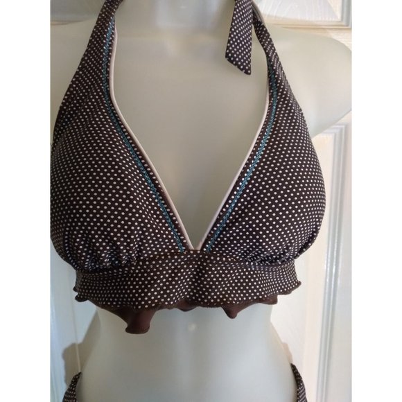 VM Swimsuit 3 Pc Halter Top Bikini Bottom & Skirted Bottom Sz M Brown - Picture 2 of 11